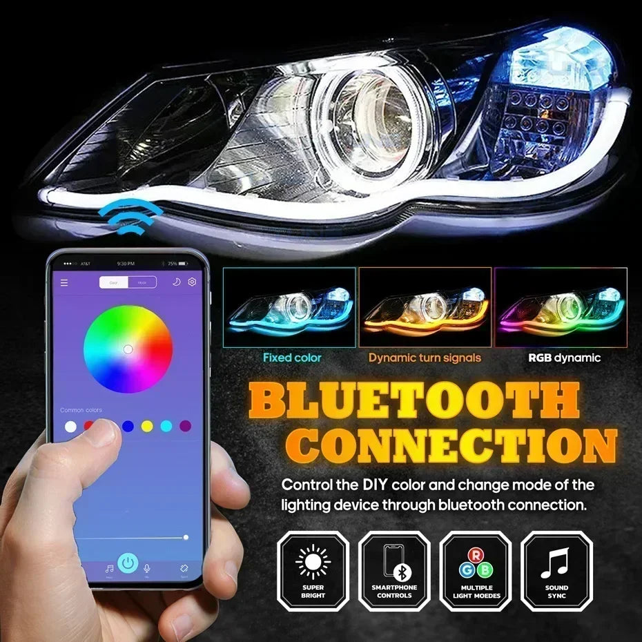 12V DRL Car LED Daytime Running Light APP Control Flexible RGB Symphony Flowing Turn Signal Strip Headlight Decorative Lamp