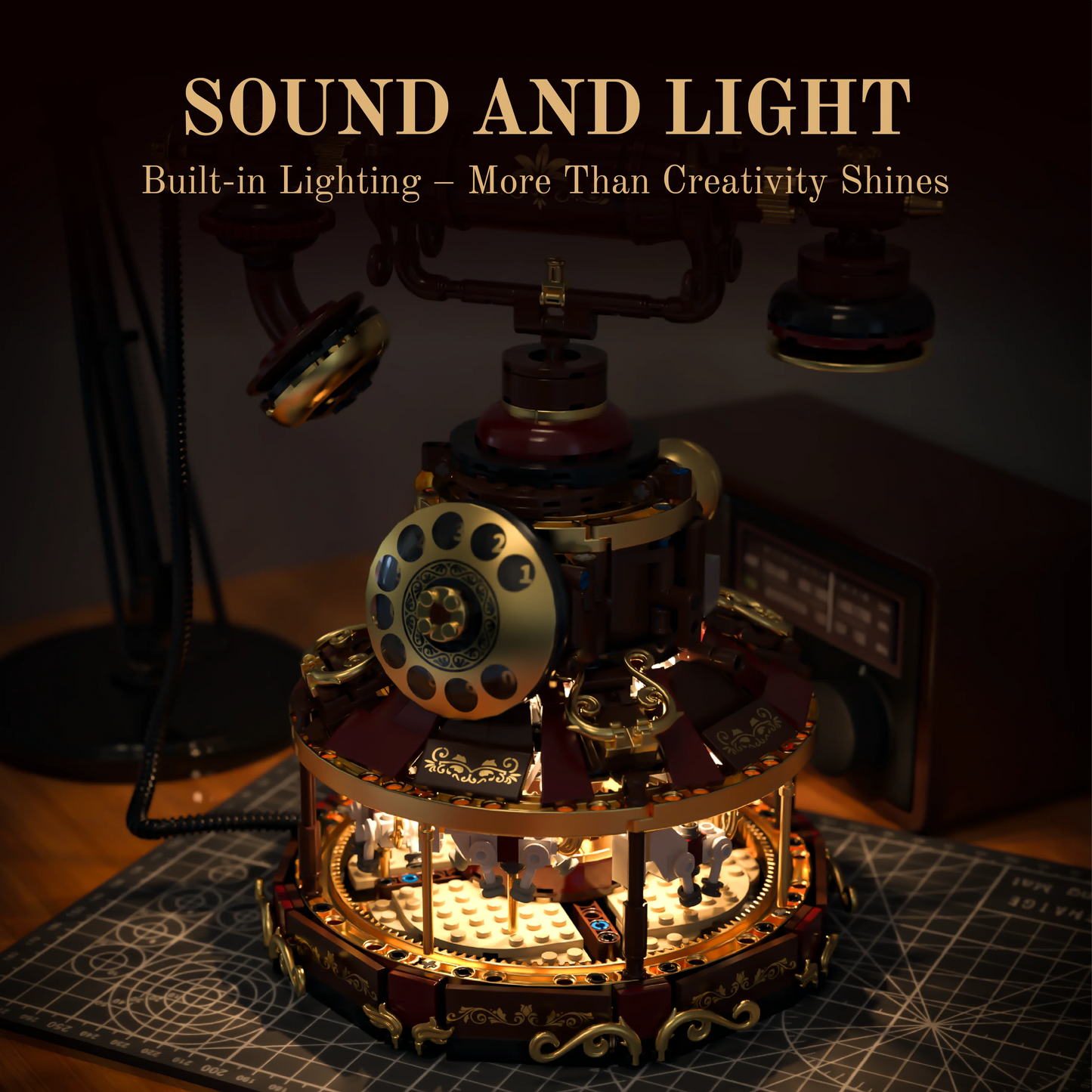 H1014 Retro Electrical LED Telephone Carousel Building Blocks DIY Model Desktop Decor Adult Collectible Gift Birthday Holiday