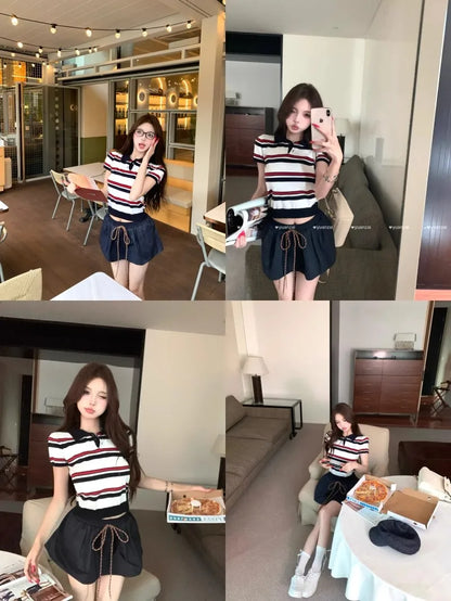 Miu Stripe  Neck Knitted Short Sleeve T-Shirt Women's Summer Design Sensible Short Style Korean Version Slim Fit Top