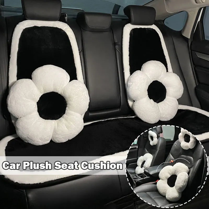 Winter New Cartoon Plush Car Cushion Simple Black White Thickened Anti Slip Women's Auto Seat Pad Cute Interior Modification
