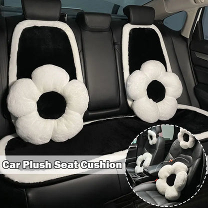 Winter New Cartoon Plush Car Cushion Simple Black White Thickened Anti Slip Women's Auto Seat Pad Cute Interior Modification
