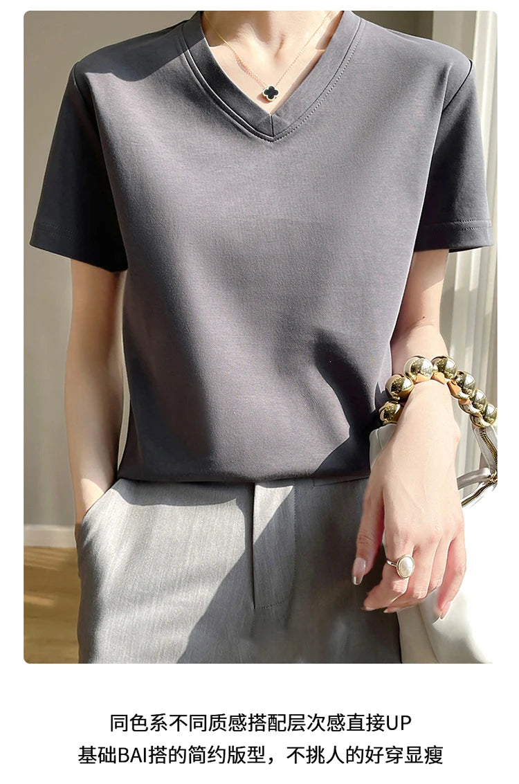 2026 Summer New Pure Cotton V-neck Short-sleeved T-shirt Women's Solid Color Joker Pullover Shirt with Loose Sleeve Bottom Shirt
