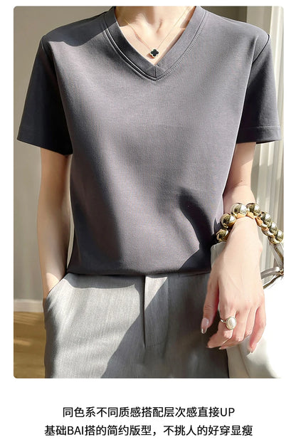2026 Summer New Pure Cotton V-neck Short-sleeved T-shirt Women's Solid Color Joker Pullover Shirt with Loose Sleeve Bottom Shirt