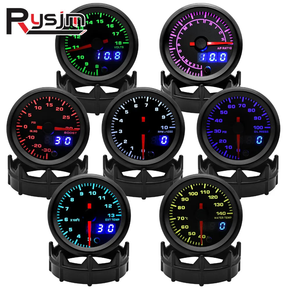 52mm Car Gauge 7 Color LED Boost Gauge Water Temp Oil Temp Oil Pressure Voltmeter Air Fuel Ratio Tachometer for 12V Racing Car