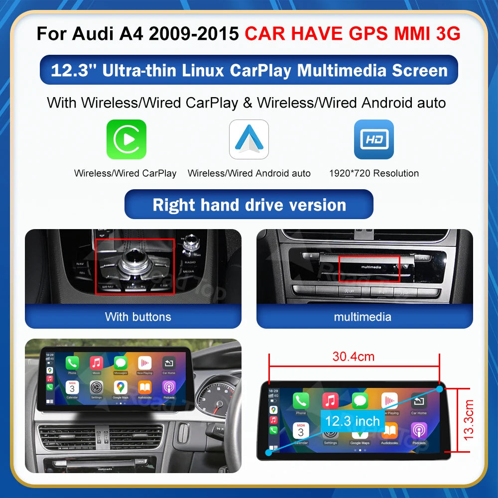 CN Road Top 8.9 12.3'' Touch Screen Multimedia Player Andriod Auto Link For Audi A4 S4 B8 2009-2015 GPS Carplay Display Car Play