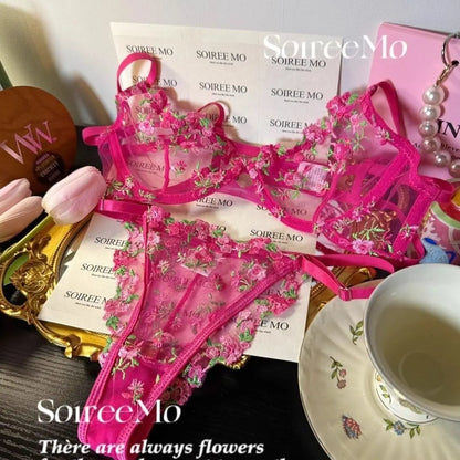 Sexy French Lingerie Set Floral Embroidery Sheer Mesh Bra with Soft Underwire Comfort Support for Large Bust CA S-XL MOYISU Bras