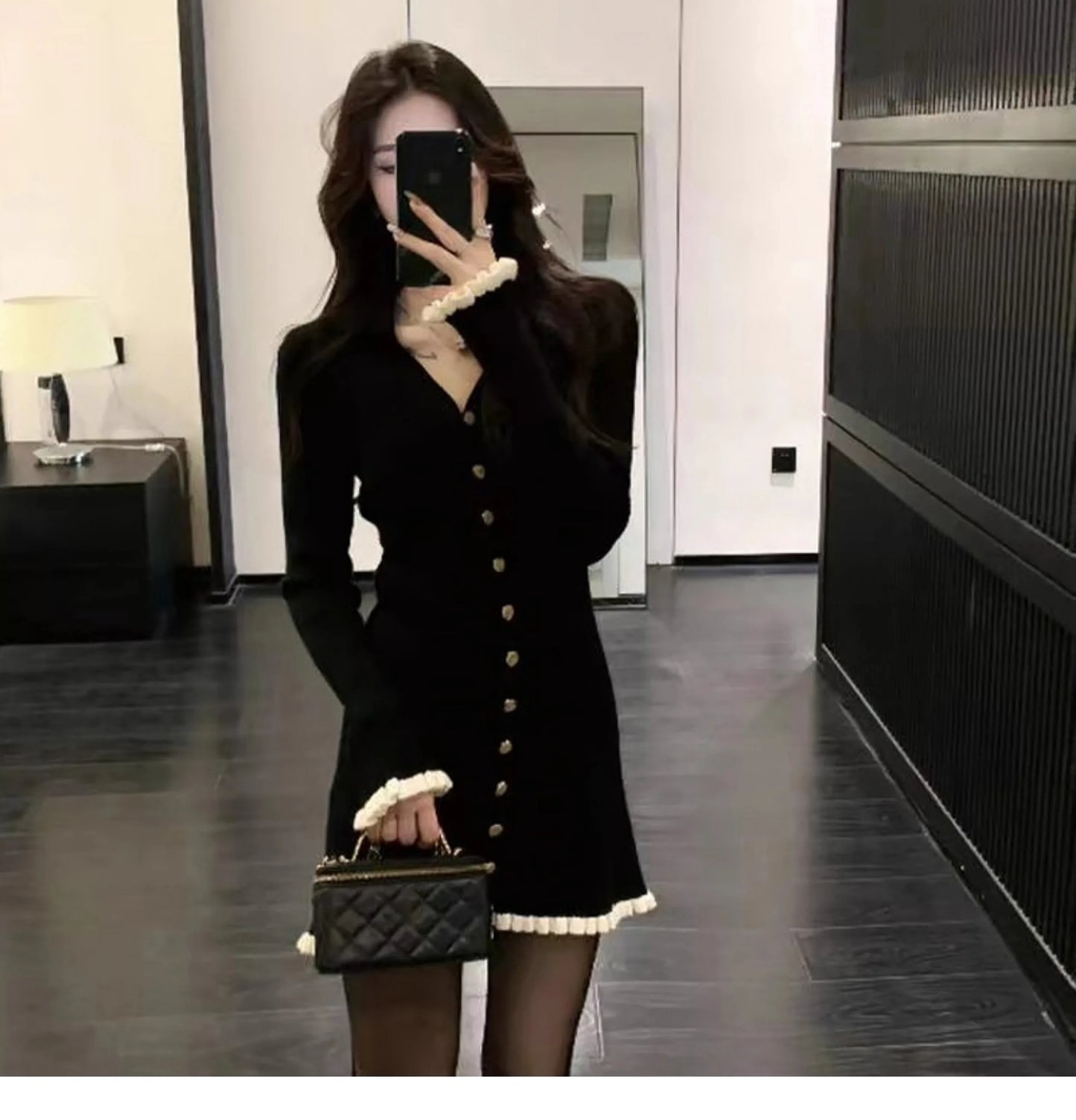 Elegant Black Knitted  Dress Women's Fashion Autumn Winter 2025 New Style High-End Feelings A-Line Skirt V-Neck Long Sleeve