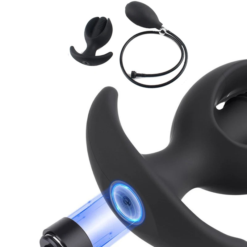 Silicone Magnetic Inflatable Butt Plug with Pump - Black Expandable Anal Stretcher, Prostate Massager Sex Toy for Men Women