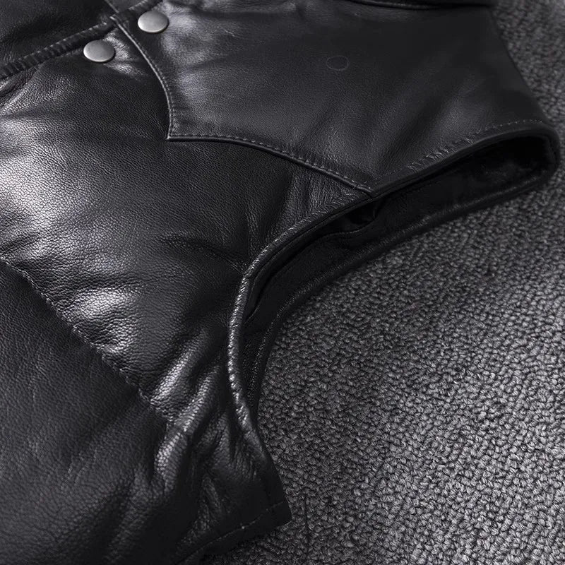 Men's Slim Fit Leather Jacket Sheepskin down Vest Thick Warm Short Flight Suit for Autumn And Winter