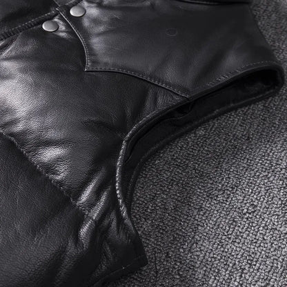 Men's Slim Fit Leather Jacket Sheepskin down Vest Thick Warm Short Flight Suit for Autumn And Winter