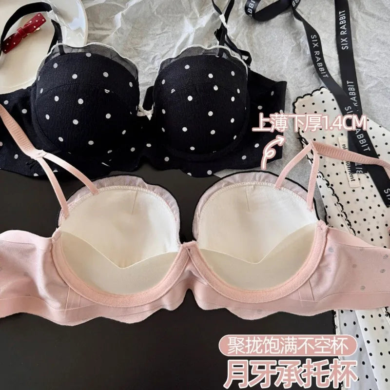 Ensemble Soutien-Gorge French Coquette à Pois Sans Armature, Effet Push Up Pour Petite Poitrine Forme Pêche, Confortable et Sexy