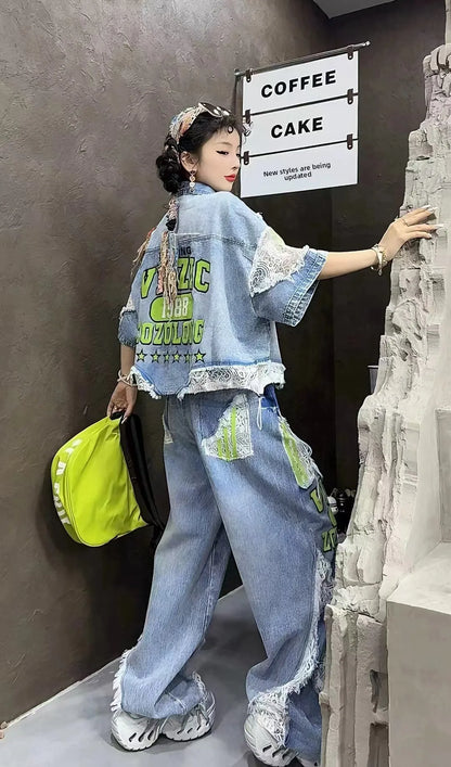 Casual Lace Hollow out Patchwork Summer New Women's Outfit Loose Top with Digital Letter Print Matching Long Pants