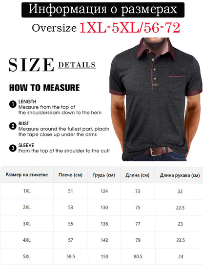 1XL-6XL Summer Plus Size Men's Short-Sleeve Polo Shirt Casual Solid Color Collared Pullover Henley Shirt with Pockets