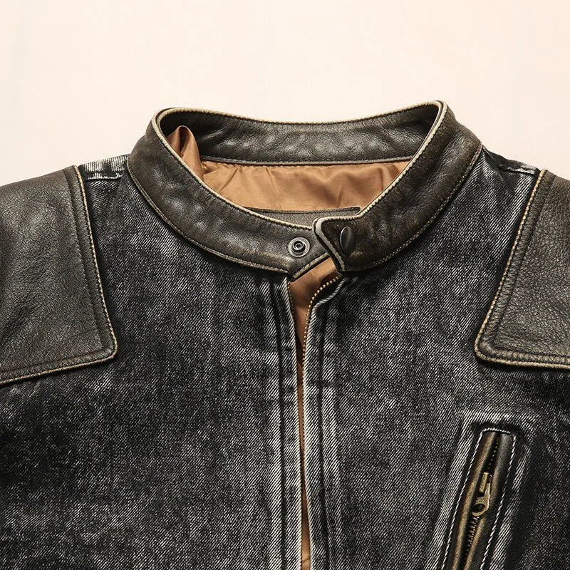 Vintage American Denim Leather Overcoat Washed Waxed Cowhide Coat Retro Style