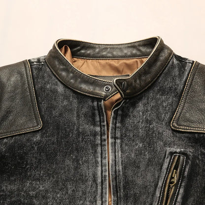 Vintage American Denim Leather Overcoat Washed Waxed Cowhide Coat Retro Style