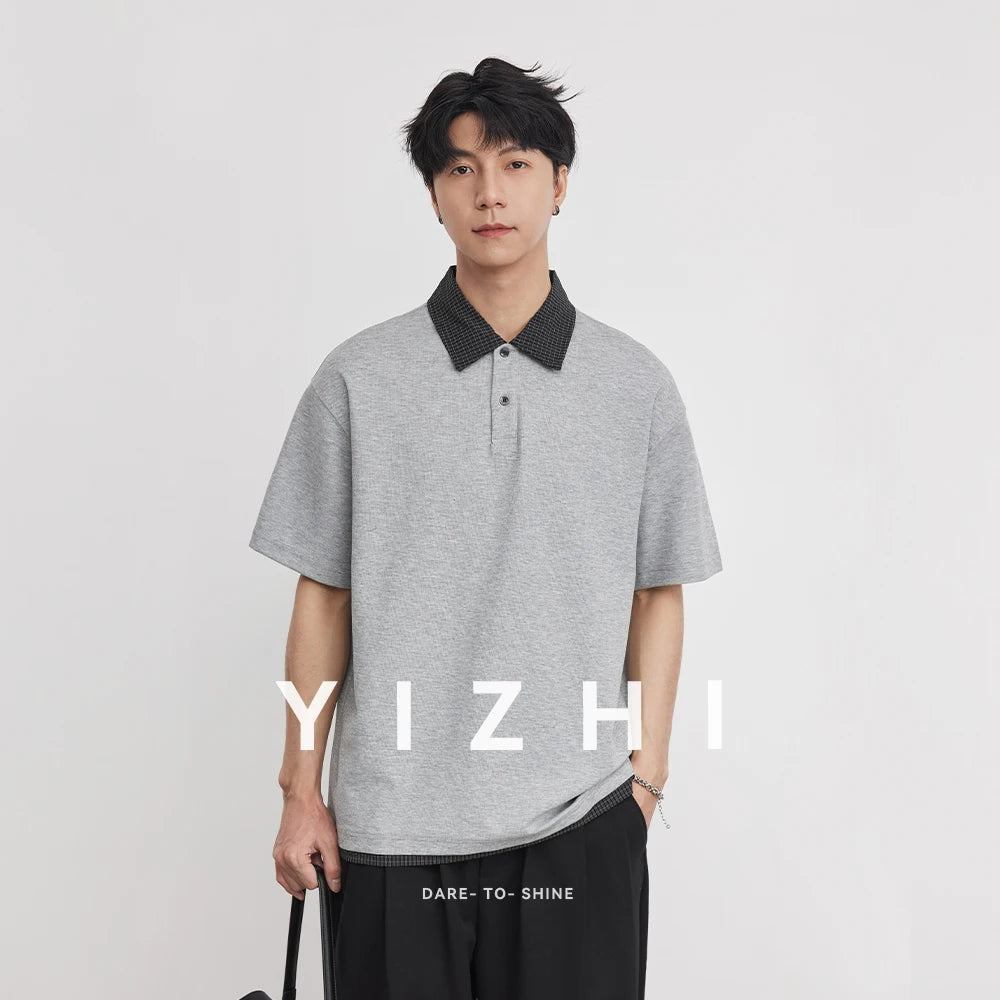 Heavy 230g American Retro Plaid Lapel Polo Shirt Men's 2026 Spring Fake Two-piece High-end T-shirt Short Sleeves
