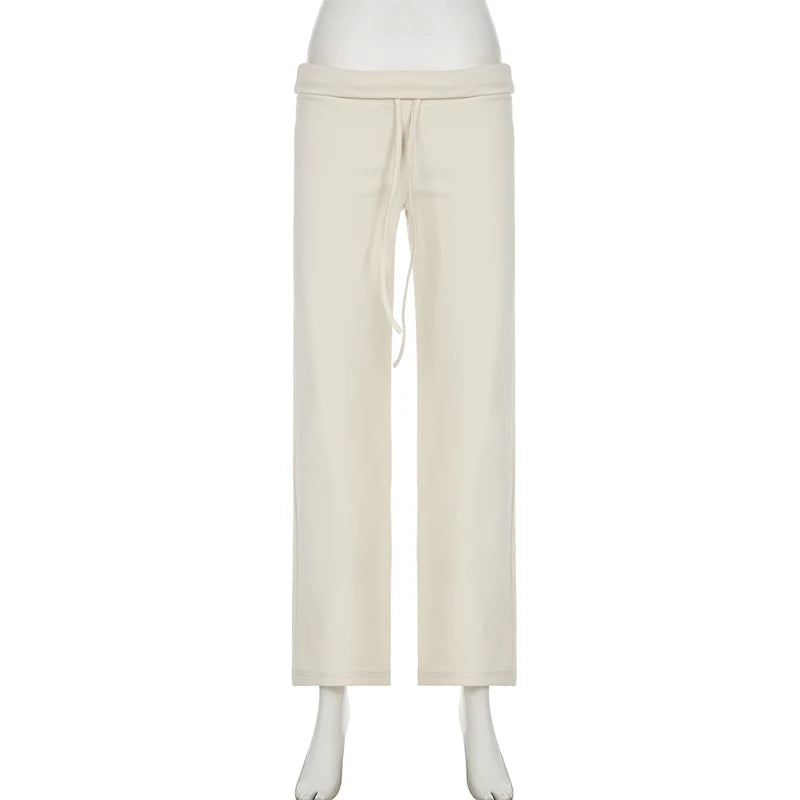 Rockmore Spicy Girl Low Waist Straight Leg Pants Pure Color Flip Waist Versatile Long Trousers Street Style Casual Pants