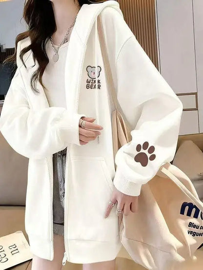Korean Style Fleece Lined Oversized Hooded Cardigan Women's Autumn Winter Zipper Cartoon Print Top Coat Trendy Streetwear