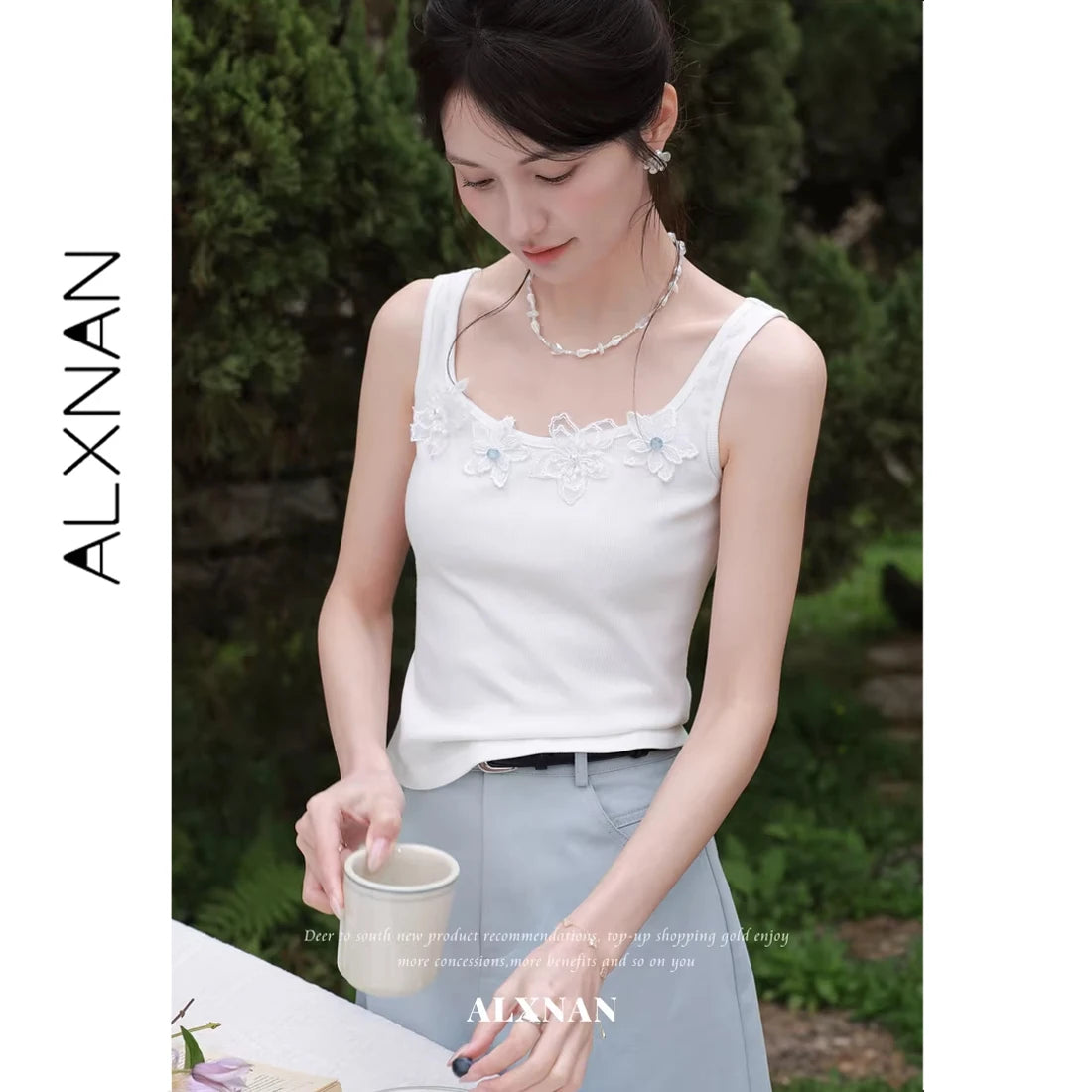 ALXNAN White Tank Tops Women 3D Floral Design Elegant Square Neck Camisole Summer Casual Cotton Female Sleeveless Tops L62833