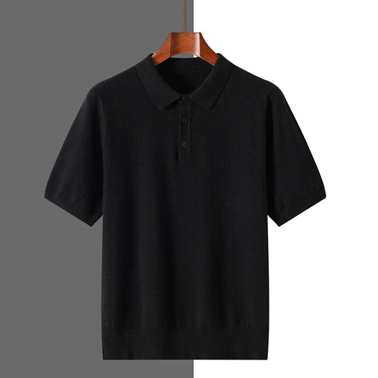 Summer 100% merino wool men's lapel pullover short sleeve POLO neck sweater loose top knitted clothing plus size T-shirt