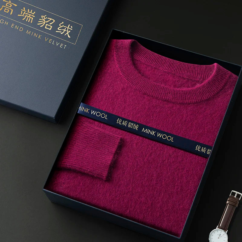 100% Pure Mink Cashmere Men's Round Neck Sweater For Autumn Winter, Casual Knitted Long Sleeved Pullover Sweater Men's Clothng