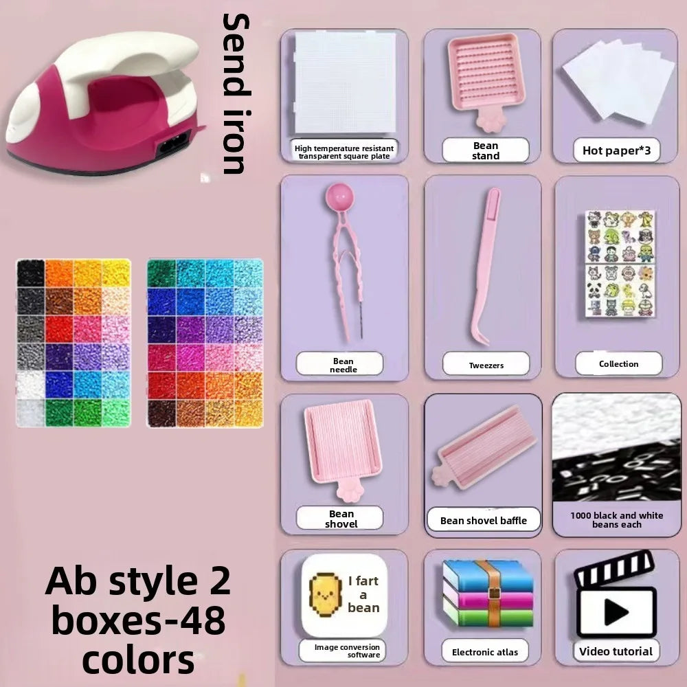 Colorful Bean Splicing Material Package DIY Pegboard Sheets Bean Splicing Tool Iron Storage Box Iron-on Bead Craft Kit Kids Gift