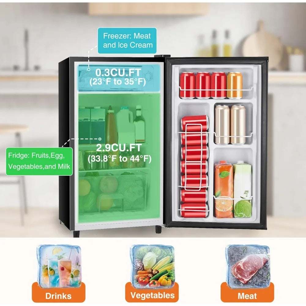 Sweetcrispy 3.2 Cu.Ft Mini Fridge with Freezer Small Refrigerator Single Door Adjustable Thermostat Energy-efficient Low Noise