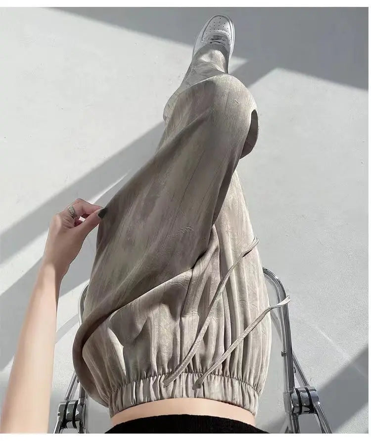 Summer Thin Ice Silk Satin Dyed Wide Leg Pants Women Loose Casual Drape High Waist Slimming Pants Ins Straight Leg Elastic Wa...