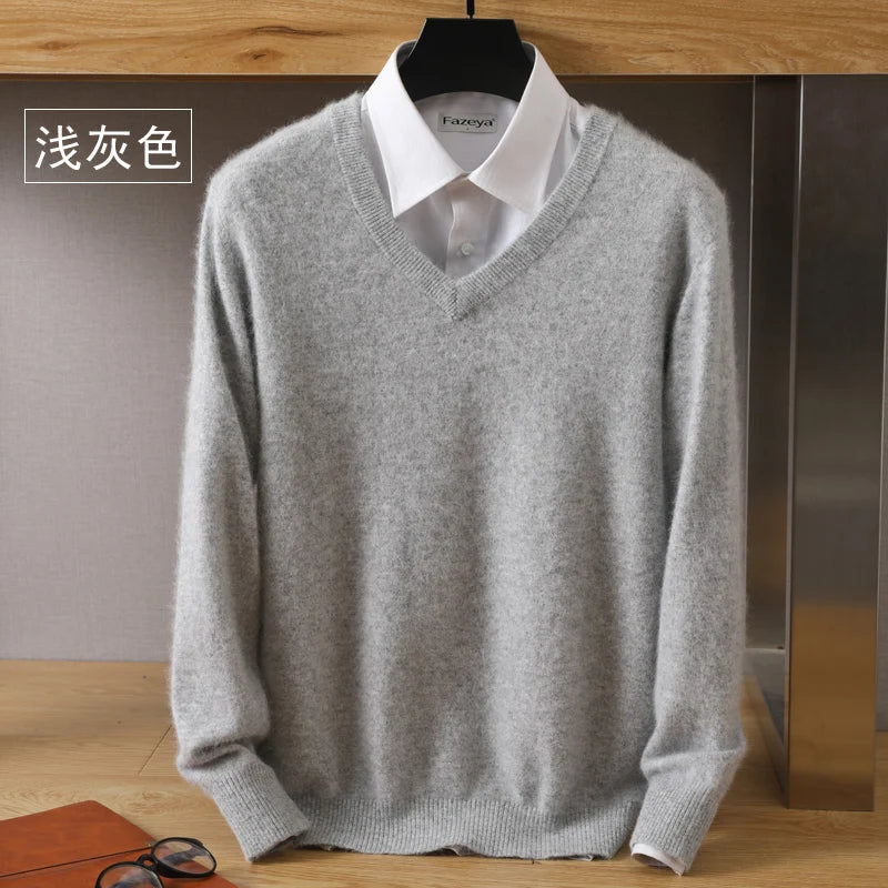 100% Pure Mink Cashmere Sweater Men's V-Neck Pullovers Knit Large Size Mink Sweater Winter New Long Sleeve High-End Jumpers Tops