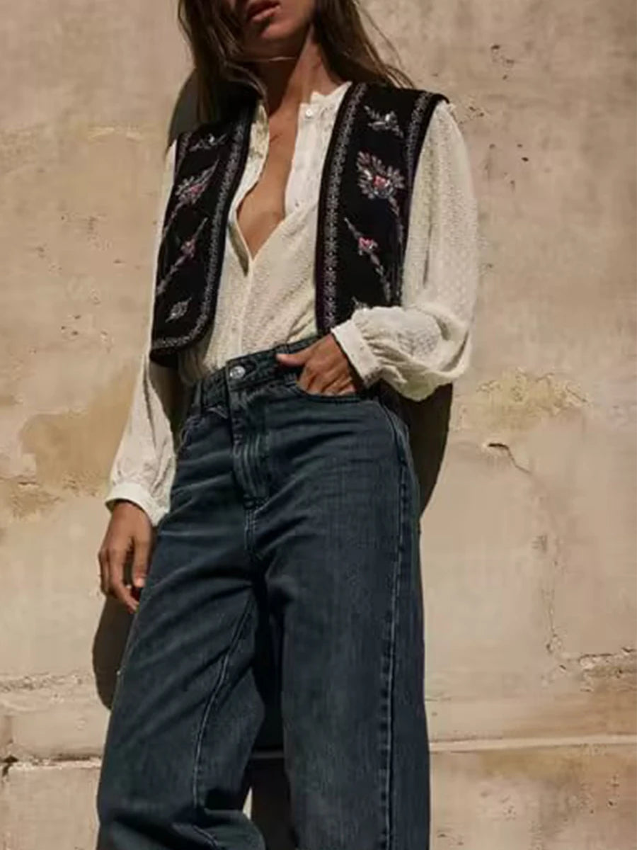 Women's Vintage Floral Embroidered Vest Tops Velvet Casual Open Front Sleeveless Cardigan Waistcoat Streetwear 2024 Autumn