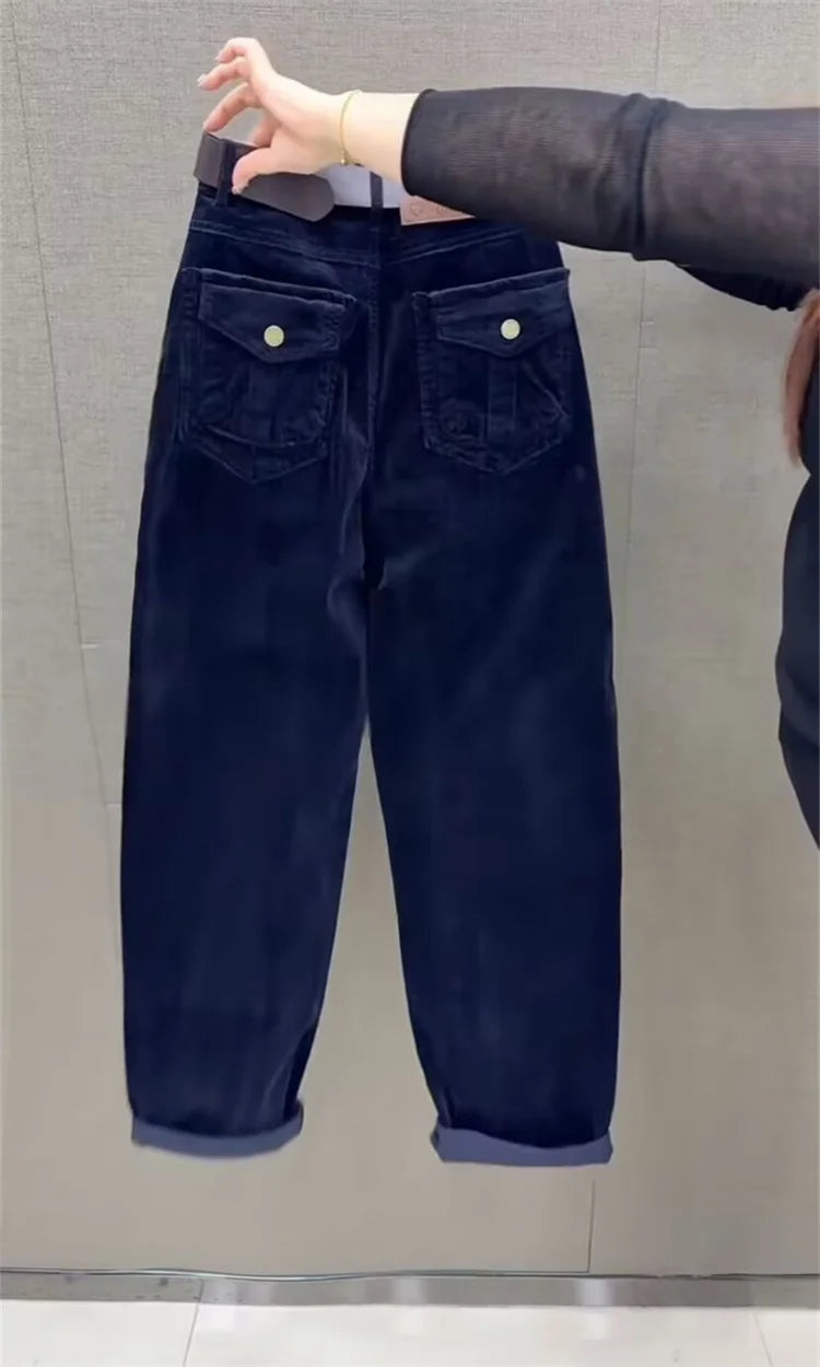 High Waist Cotton Corduroy Harlan Pants Slim Fit Casual Nine Point Knife  Straight Leg Crop Leisure Long Trousers