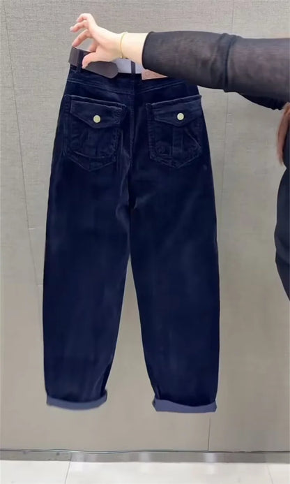 High Waist Cotton Corduroy Harlan Pants Slim Fit Casual Nine Point Knife  Straight Leg Crop Leisure Long Trousers