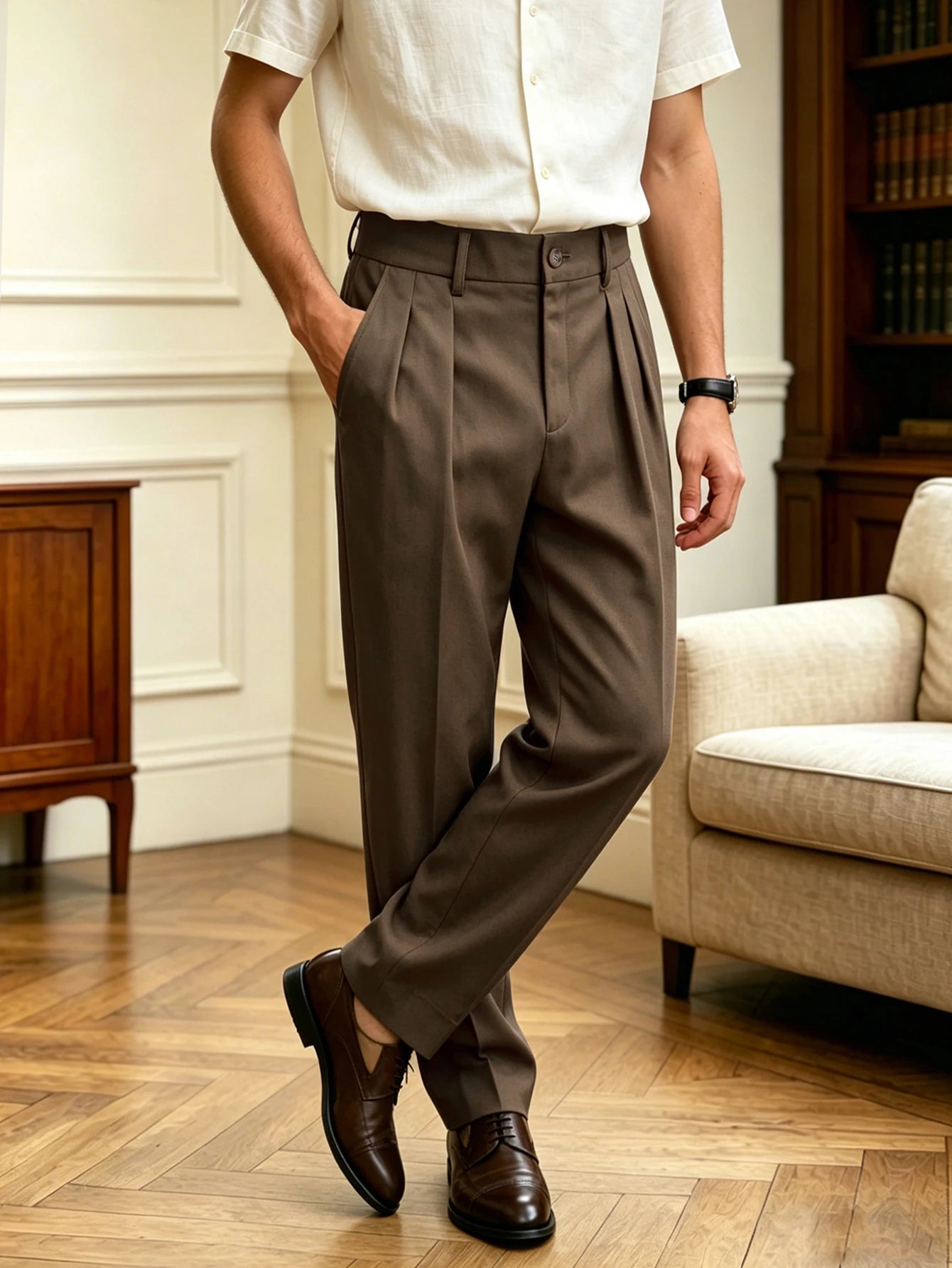 New Italian Naples Style Pleated High Waist Dress Pants, Solid Color Button Business Casual Trousers for Men