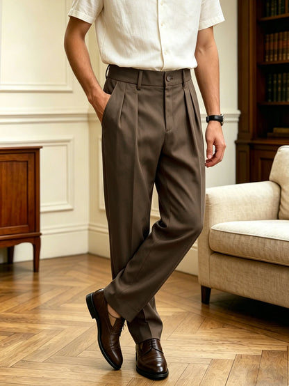 New Italian Naples Style Pleated High Waist Dress Pants, Solid Color Button Business Casual Trousers for Men