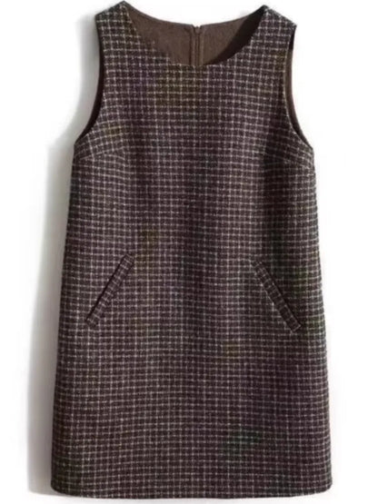 Retro Plaid Woolen Vest Dress Women's Autumn Winter Thickened Mid-Length Sleeveless H-Shape round Neck Backless Midi Dress