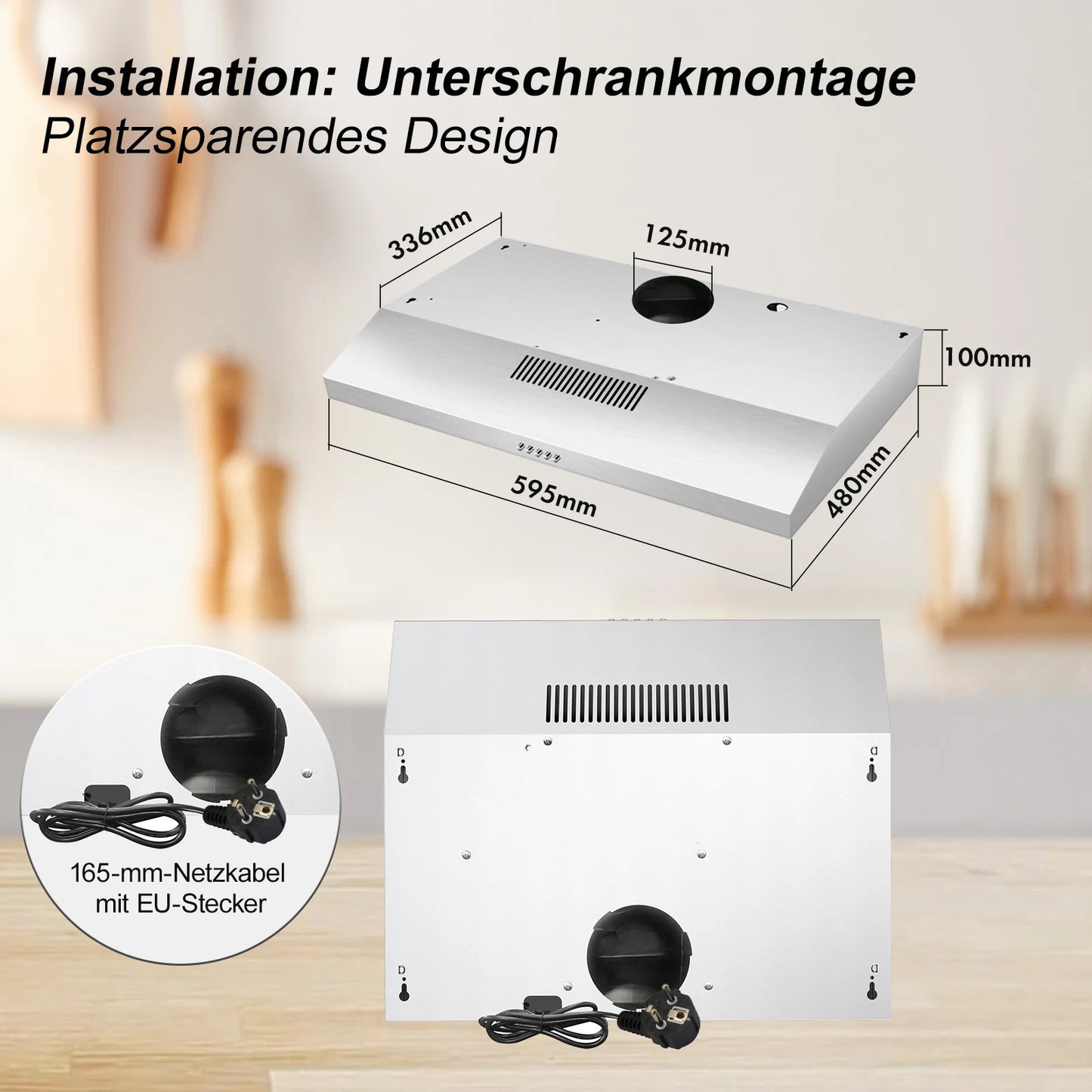 60cm Under Cabinet Range Hood 201m³/h, Stainless Steel, 3-Speed Button Control, Activated Carbon Filters
