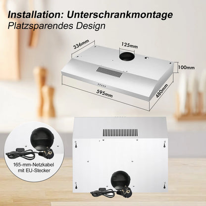 60cm Under Cabinet Range Hood 201m³/h, Stainless Steel, 3-Speed Button Control, Activated Carbon Filters