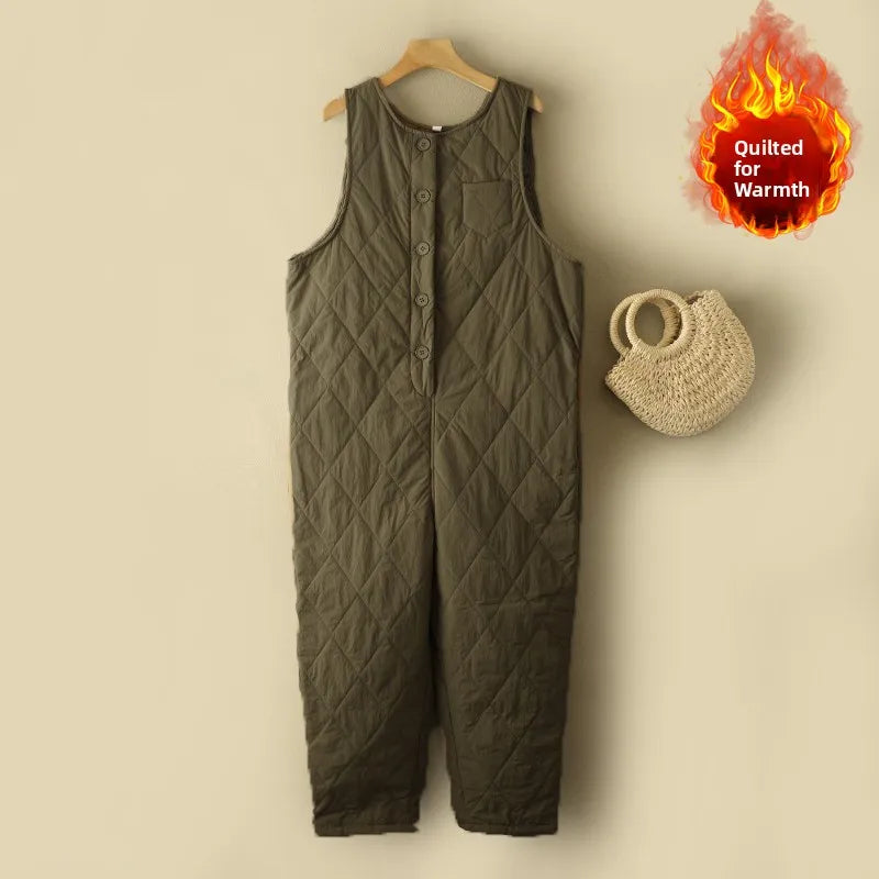 Warm Cotton Lined Pants Large Size Women's Clothing Anti-Aging One-Piece Suit Sleeveless Buckle round Neck Overall Pants