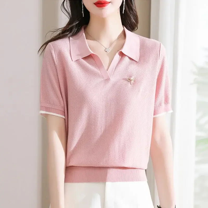 Polo Neck Shirt for Women Cute Plain Kawaii Baggy Red Woman T Korean Clothing Synthetic Luxury Fashion 2025 Pretty in Trend New