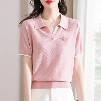 Polo Neck Shirt for Women Cute Plain Kawaii Baggy Red Woman T Korean Clothing Synthetic Luxury Fashion 2025 Pretty in Trend New
