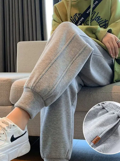 plus Size Women's Slimming Fleece Lined Cuffed Thickened Warm Sports Pants Commute Style Korean Fashion Winter Collection
