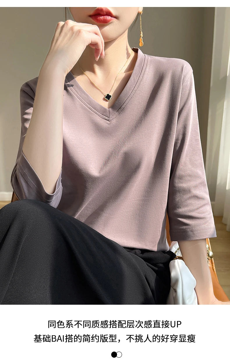 Spring And Summer New White Mercerized Cotton Cropped Sleeve T-shirt Feminine Joker 100% Cotton Bottoming Shirt Half Sleeve