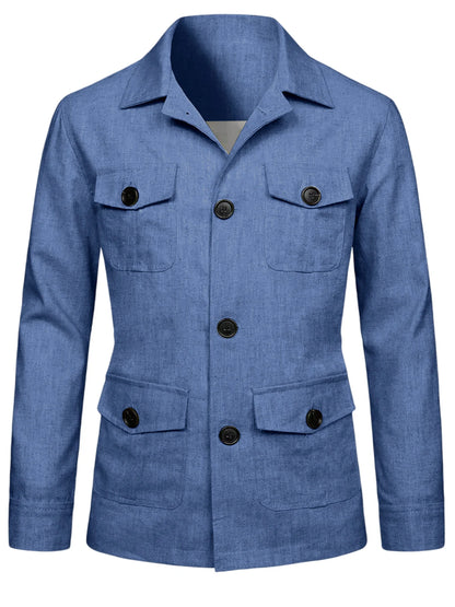 Men's Linen Blend Safari Jacket Retro British Style Multi-Pocket Workwear Coat Business Casual Suit Blazer for Spring Summer