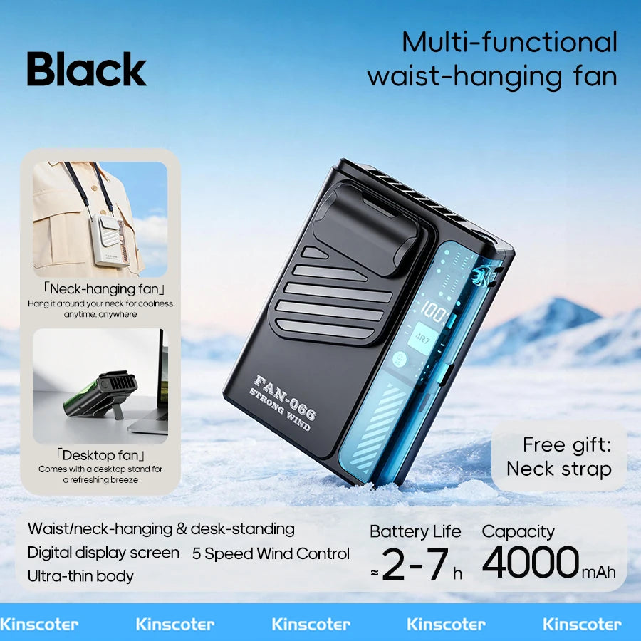 Multi-functional Waist Hanging Fan 4000mAh  Mini Cooling Fan Five Speed Outdoor Portable Rechargeable Fan with Digital Display