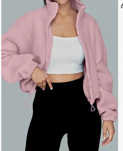 Loose Stand Collar Fleece Casual Jacket Women's Comfortable Polyester Blend Long Sleeve Zipper Closure Fashionable Sweatshirt