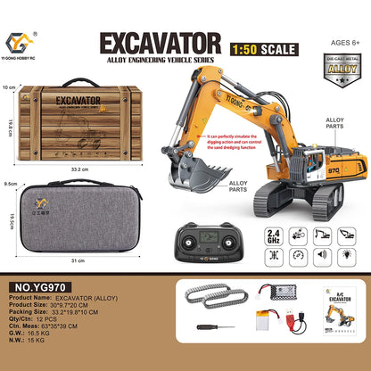 JIKEFUN 1/50 YG970 636 T14R RC Excavator Loader Dump Truck Remote Control Alloy Simulation Engineering Vehicle Model Toy