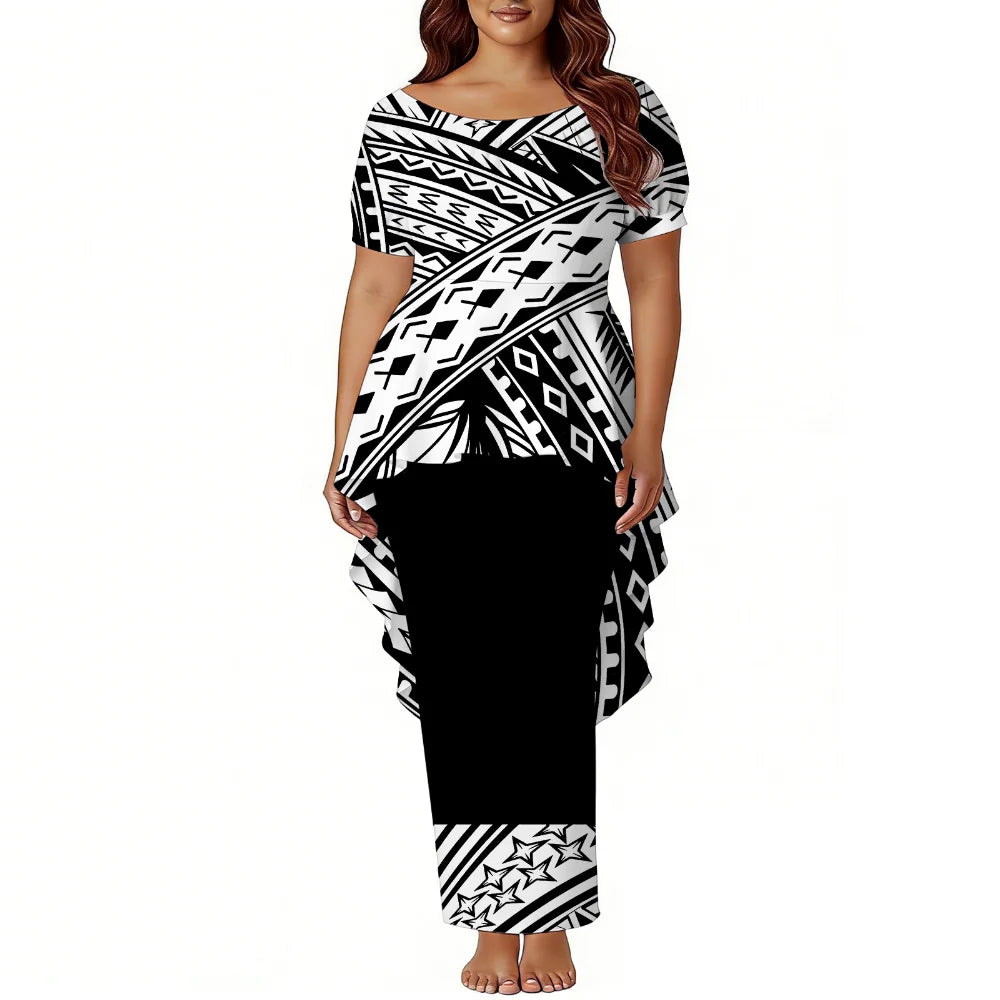 Polynesian Island-Style Women'S Short-Sleeved Puletasi Floral Print Dress Samoan Party Style Evening Dress