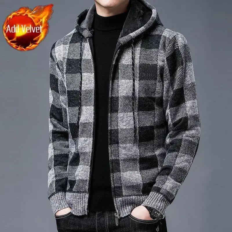 Knit Sweater Male Zipper Plaid Men's Clothing Cardigan Hoodies Zip-up Thick Winter Red Tops Jumpers Casual Stylish Hot Cheap A
