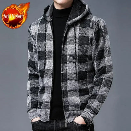 Knit Sweater Male Zipper Plaid Men's Clothing Cardigan Hoodies Zip-up Thick Winter Red Tops Jumpers Casual Stylish Hot Cheap A