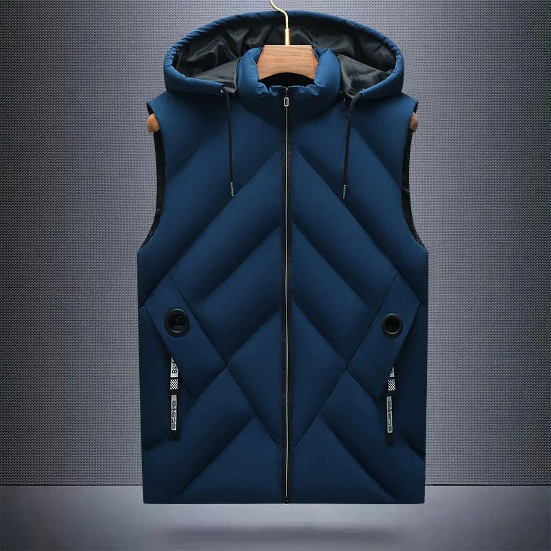 Winter Down Cotton Vest Jacket Men Waterproof Zipper Detachable Hat Sleeveless Coat Man Hooded Stand-Up Collar Casual Waistcoat